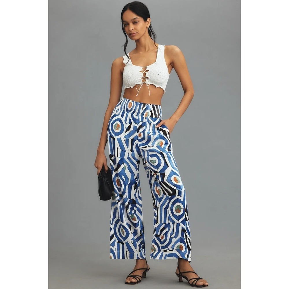 Maeve Saria Smocked Wide-Leg Pants Womens XL Anthropologie Vacation Coastal